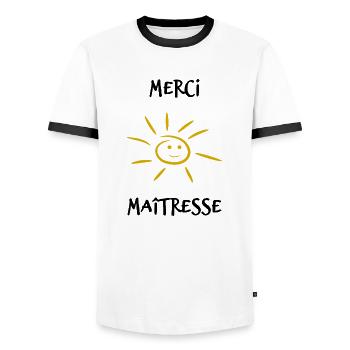 MISTRESS. THANK YOU. THANK YOU MISTRESS - Men's Ringer Shirt - white/black - Front - AI Model Female 172 light (172cm) & AI Model Male 178 dark (178cm)