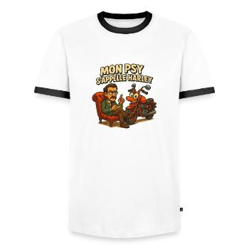 "Mon psy s'appelle " - Moto Cartoon et Psy - T-shirt contrasté Homme - blanc/noir - Devant - AI Model Female 172 light (172cm) & AI Model Male 178 dark (178cm)