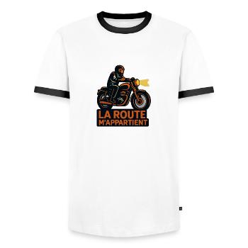 La Route M'Appartient – Motard en Liberté - T-shirt contrasté Homme - blanc/noir - Devant - AI Model Female 172 light (172cm) & AI Model Male 178 dark (178cm)