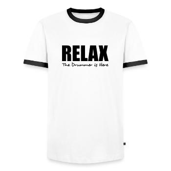 relax the drummer is here - Men's Ringer Shirt - white/black - Front - AI Model Female 172 light (172cm) & AI Model Male 178 dark (178cm)