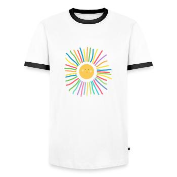The Sun Is Laughing - Gift Idea - Baby Gift - Men's Ringer Shirt - white/black - Front - AI Model Female 172 light (172cm) & AI Model Male 178 dark (178cm)