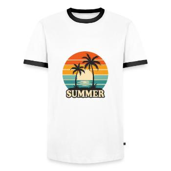 Tropic Vibes – Retro Summer Sunset - Men's Ringer Shirt - white/black - Front - AI Model Female 172 light (172cm) & AI Model Male 178 dark (178cm)