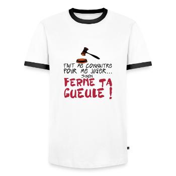 citation humour connaitre juger ferme ta - T-shirt contrasté Homme - blanc/noir - Devant - AI Model Female 172 light (172cm) & AI Model Male 178 dark (178cm)