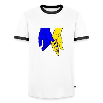 hands blue yellow - Men's Ringer Shirt - white/black - Front - AI Model Female 172 light (172cm) & AI Model Male 178 dark (178cm)