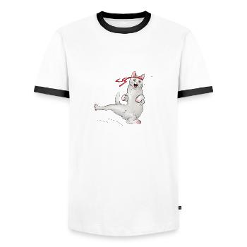 Cat at karate - Men's Ringer Shirt - white/black - Front - AI Model Female 172 light (172cm) & AI Model Male 178 dark (178cm)