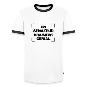 Sénateur / Sénat / Parlement / Politique Sénatrice - T-shirt contrasté Homme - blanc/noir - Devant - AI Model Female 172 light (172cm) & AI Model Male 178 dark (178cm)