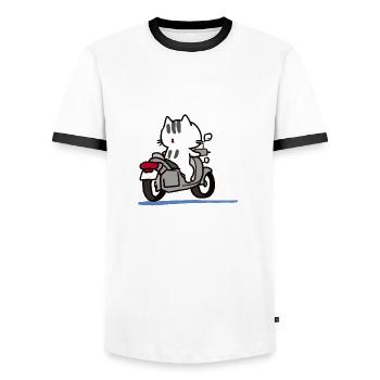 Ein katze die motorrad fährt - Männer Kontrast-T-Shirt - Weiß/Schwarz - Vorne - AI Model Female 172 light (172cm) & AI Model Male 178 dark (178cm)