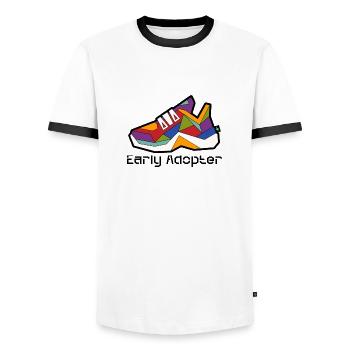 Shoe 4 - Männer Kontrast-T-Shirt - Weiß/Schwarz - Vorne - AI Model Female 172 light (172cm) & AI Model Male 178 dark (178cm)