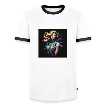 Techno babe [pixel art] - Men's Ringer Shirt - white/black - Front - AI Model Female 172 light (172cm) & AI Model Male 178 dark (178cm)