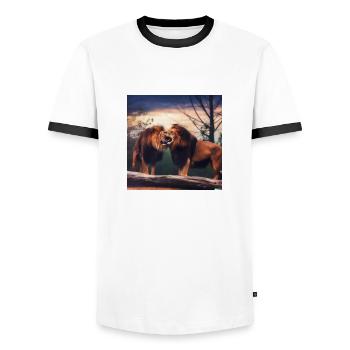 öwen in einem wald mit sonnenuntergang - Männer Kontrast-T-Shirt - Weiß/Schwarz - Vorne - AI Model Female 172 light (172cm) & AI Model Male 178 dark (178cm)