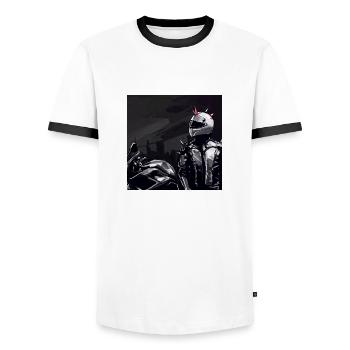 Motorcycle Pencil Drawing - Men's Ringer Shirt - white/black - Front - AI Model Female 172 light (172cm) & AI Model Male 178 dark (178cm)