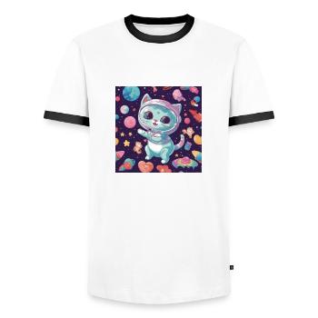 Katze im Weltall Vol.7 - Männer Kontrast-T-Shirt - Weiß/Schwarz - Vorne - AI Model Female 172 light (172cm) & AI Model Male 178 dark (178cm)
