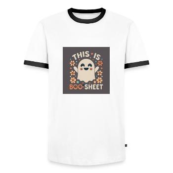 This is Boo Sheet - Männer Kontrast-T-Shirt - Weiß/Schwarz - Vorne - AI Model Female 172 light (172cm) & AI Model Male 178 dark (178cm)