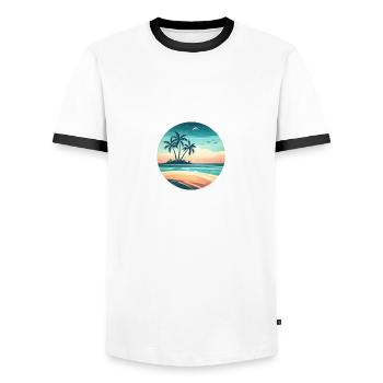 Island with palm trees by the sea - Men's Ringer Shirt - white/black - Front - AI Model Female 172 light (172cm) & AI Model Male 178 dark (178cm)