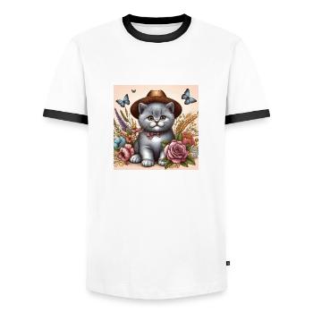 Cowboy Katze Britisch Kurzhaar - Männer Kontrast-T-Shirt - Weiß/Schwarz - Vorne - AI Model Female 172 light (172cm) & AI Model Male 178 dark (178cm)