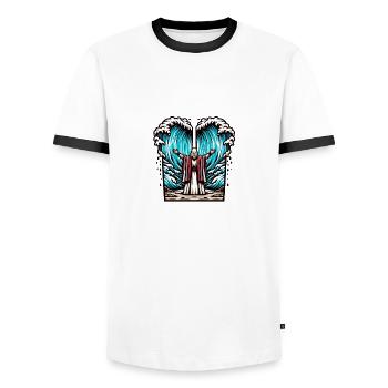 Moses teilt das Meer. - Männer Kontrast-T-Shirt - Weiß/Schwarz - Vorne - AI Model Female 172 light (172cm) & AI Model Male 178 dark (178cm)
