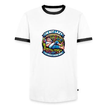 I'm not Lazy in Energy Saving Mode - Men's Ringer Shirt - white/black - Front - AI Model Female 172 light (172cm) & AI Model Male 178 dark (178cm)