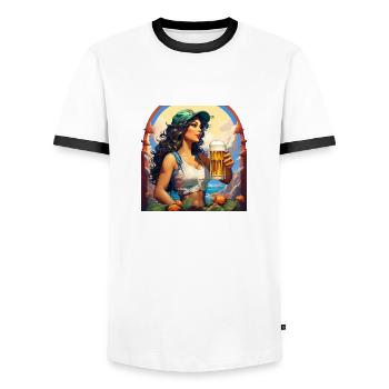 Woman Beer Funny Illustration - Men's Ringer Shirt - white/black - Front - AI Model Female 172 light (172cm) & AI Model Male 178 dark (178cm)