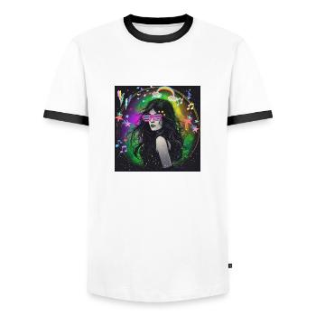 retro, 90's,90s,vibes,neon,stars,costume - Men's Ringer Shirt - white/black - Front - AI Model Female 172 light (172cm) & AI Model Male 178 dark (178cm)