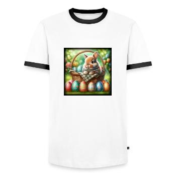 ein süßer hase sitzt in einem Korb - Männer Kontrast-T-Shirt - Weiß/Schwarz - Vorne - AI Model Female 172 light (172cm) & AI Model Male 178 dark (178cm)