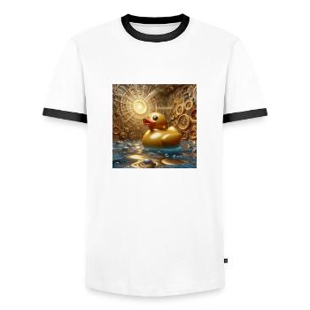 Canard de bain en or en Risograph Hyperréalisme - T-shirt contrasté Homme - blanc/noir - Devant - AI Model Female 172 light (172cm) & AI Model Male 178 dark (178cm)