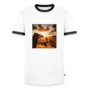 camel in a desert A2 - Men's Ringer Shirt - white/black - Front - AI Model Female 172 light (172cm) & AI Model Male 178 dark (178cm)