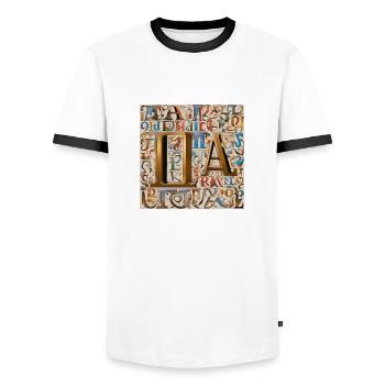 "Griechische Buchstabenmode: Klassische Eleganz" - Männer Kontrast-T-Shirt - Weiß/Schwarz - Vorne - AI Model Female 172 light (172cm) & AI Model Male 178 dark (178cm)