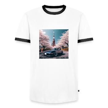JDM Tower - Men's Ringer Shirt - white/black - Front - AI Model Female 172 light (172cm) & AI Model Male 178 dark (178cm)