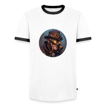 Steampunk style: nostalgia meets technology - Men's Ringer Shirt - white/black - Front - AI Model Female 172 light (172cm) & AI Model Male 178 dark (178cm)