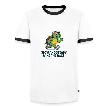 Lustiges Schildkröten Laufshirt – Slow & Steady - Männer Kontrast-T-Shirt - Weiß/Schwarz - Vorne - AI Model Female 172 light (172cm) & AI Model Male 178 dark (178cm)