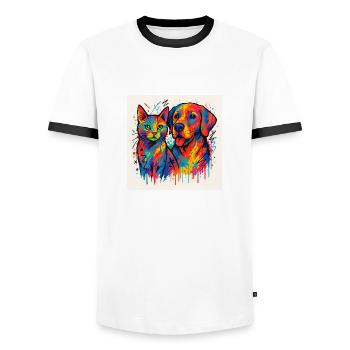Katze und Hund, schön bunt - Männer Kontrast-T-Shirt - Weiß/Schwarz - Vorne - AI Model Female 172 light (172cm) & AI Model Male 178 dark (178cm)