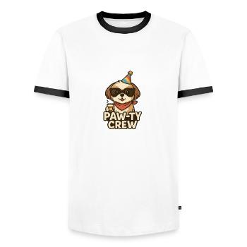 TinyPaws Funlogo Paw-ty Crew - Männer Kontrast-T-Shirt - Weiß/Schwarz - Vorne - AI Model Female 172 light (172cm) & AI Model Male 178 dark (178cm)