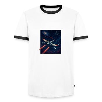 Flug durch die Galaxie - Männer Kontrast-T-Shirt - Weiß/Schwarz - Vorne - AI Model Female 172 light (172cm) & AI Model Male 178 dark (178cm)