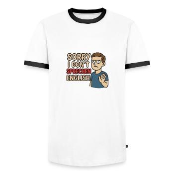 Sorry I don´t sprechen English - Männer Kontrast-T-Shirt - Weiß/Schwarz - Vorne - AI Model Female 172 light (172cm) & AI Model Male 178 dark (178cm)