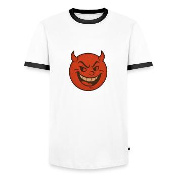 Frech & Feuerrot – Das kleine Teufelchen - Männer Kontrast-T-Shirt - Weiß/Schwarz - Vorne - AI Model Female 172 light (172cm) & AI Model Male 178 dark (178cm)