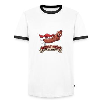 Sausage Hero - Savior of the Barbecue Party - Men's Ringer Shirt - white/black - Front - AI Model Female 172 light (172cm) & AI Model Male 178 dark (178cm)