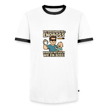 Level: Endboss Windelwechsel-Profi mit Stil - Männer Kontrast-T-Shirt - Weiß/Schwarz - Vorne - AI Model Female 172 light (172cm) & AI Model Male 178 dark (178cm)