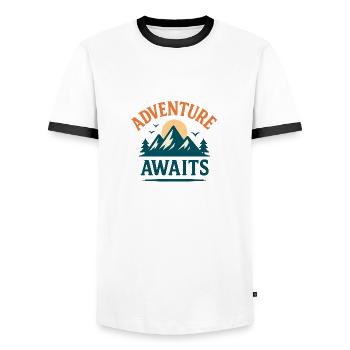 Adventure Awaits – Explore More - T-shirt contrasté Homme - blanc/noir - Devant - AI Model Female 172 light (172cm) & AI Model Male 178 dark (178cm)