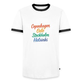 Copenhagen – Oslo – Stockholm – Helsinki - Männer Kontrast-T-Shirt - Weiß/Schwarz - Vorne - AI Model Female 172 light (172cm) & AI Model Male 178 dark (178cm)