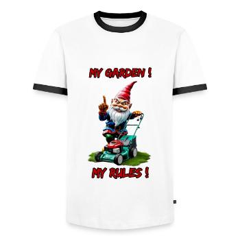 My Garden!My Rules!-Rasenmäher Gartenzwerg Gärtner - Männer Kontrast-T-Shirt - Weiß/Schwarz - Vorne - AI Model Female 172 light (172cm) & AI Model Male 178 dark (178cm)