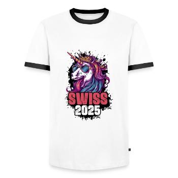 Switzerland 2025 Unicorn Swiss - Men's Ringer Shirt - white/black - Front - AI Model Female 172 light (172cm) & AI Model Male 178 dark (178cm)
