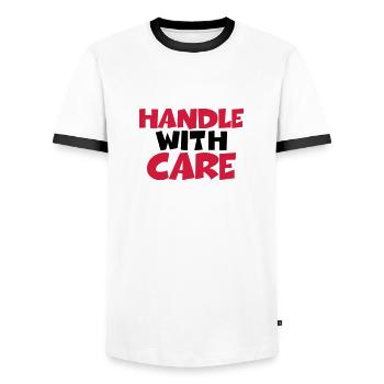 Handle with care - Men's Ringer Shirt - white/black - Front - AI Model Female 172 light (172cm) & AI Model Male 178 dark (178cm)