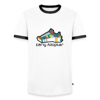 Shoe 2 - Männer Kontrast-T-Shirt - Weiß/Schwarz - Vorne - AI Model Female 172 light (172cm) & AI Model Male 178 dark (178cm)