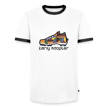Shoe 9 - Männer Kontrast-T-Shirt - Weiß/Schwarz - Vorne - AI Model Female 172 light (172cm) & AI Model Male 178 dark (178cm)