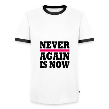 Never again is now - T-shirt contrasté Homme - blanc/noir - Devant - AI Model Female 172 light (172cm) & AI Model Male 178 dark (178cm)