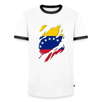Venezuela Flagge zerrissenes Motiv - Männer Kontrast-T-Shirt - Weiß/Schwarz - Vorne - AI Model Female 172 light (172cm) & AI Model Male 178 dark (178cm)
