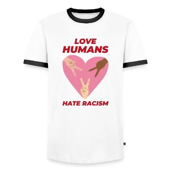 Love humans hate racism gift tolerance - Men's Ringer Shirt - white/black - Front - AI Model Female 172 light (172cm) & AI Model Male 178 dark (178cm)