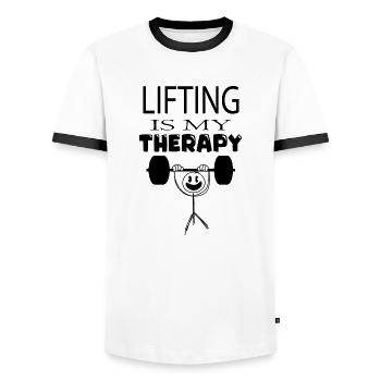 Lifting as Therapy Ironic Gym Quote Barbell - Men's Ringer Shirt - white/black - Front - AI Model Female 172 light (172cm) & AI Model Male 178 dark (178cm)