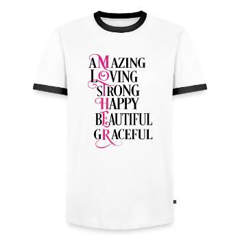 Mutter, erstaunlich, liebevoll, stark, glücklich, schön - Männer Kontrast-T-Shirt - Weiß/Schwarz - Vorne - AI Model Female 172 light (172cm) & AI Model Male 178 dark (178cm)