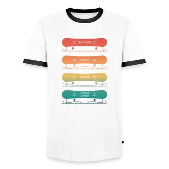 Different Snowboard Board Types - Men's Ringer Shirt - white/black - Front - AI Model Female 172 light (172cm) & AI Model Male 178 dark (178cm)